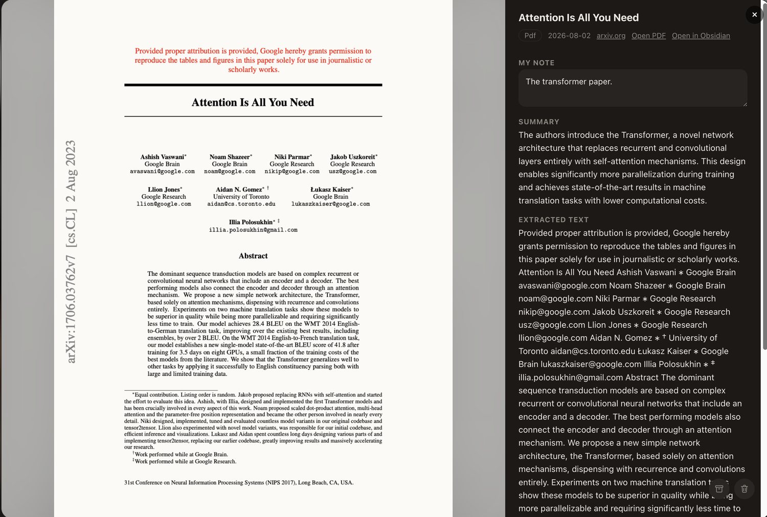 A saved research paper open in Tenoa, with the PDF on the left and a summary plus the extracted text on the right.