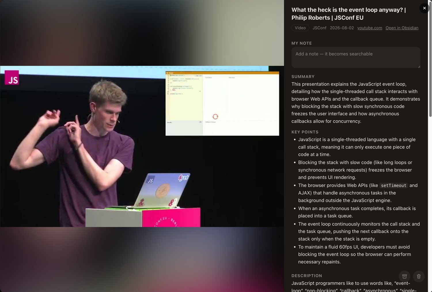A saved conference talk open in Tenoa, with a summary, a list of key points, and the video description.