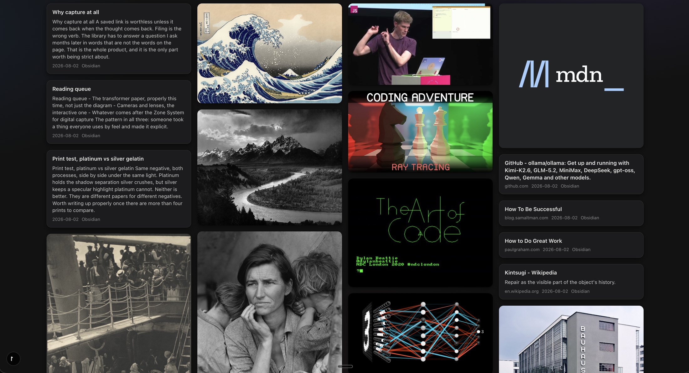 The Tenoa library: a masonry wall of saved images, articles, videos and notes.